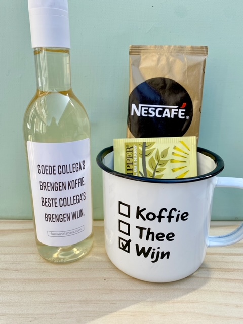 Mok & Wijnbox Werk met kleintje wijn en koffie mok met zakje koffie en thee