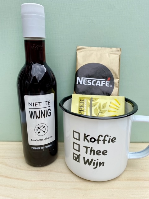 Mok & Wijnbox Werk met kleintje wijn en koffie mok met zakje koffie en thee