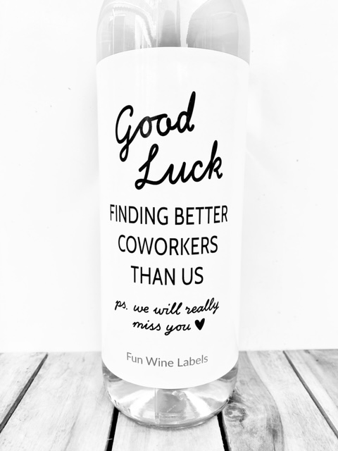 wijnetiket good luck voor een collega die weggaat