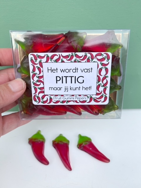 Gummie Pepers in een doosje met grappige sticker